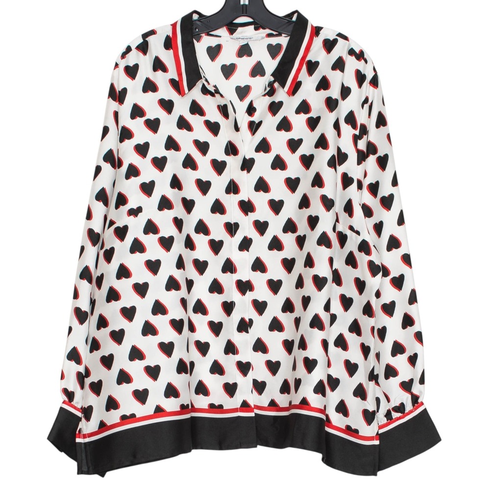 Chicos Button Top Heart Print Silky Balloon Sleeve Romantic Black Red 4 XXL 20
